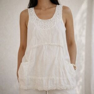 Hippie Laundry White Crochet Lace Trim Mini Dress Tunic‎ – Cotton, Size M READ
